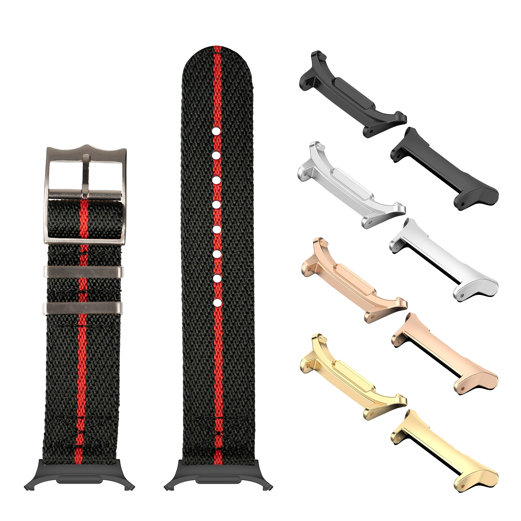 Black and red striped military watch bands with interchangeable metal and plastic buckles in silver, gold, rose gold and black finishes