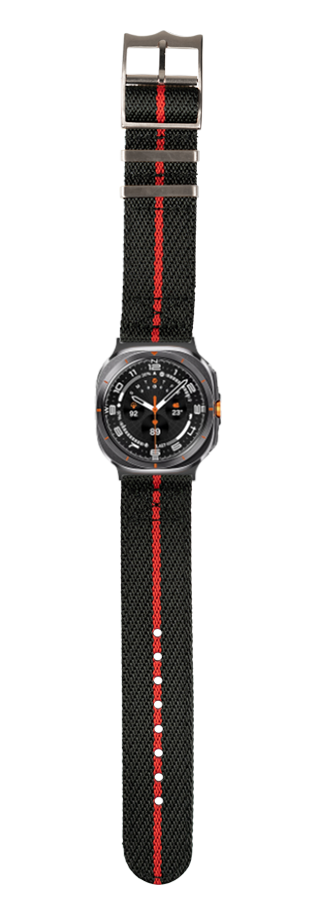 Black and red striped fabric watch band with metal buckle and black sports watch face with orange accents