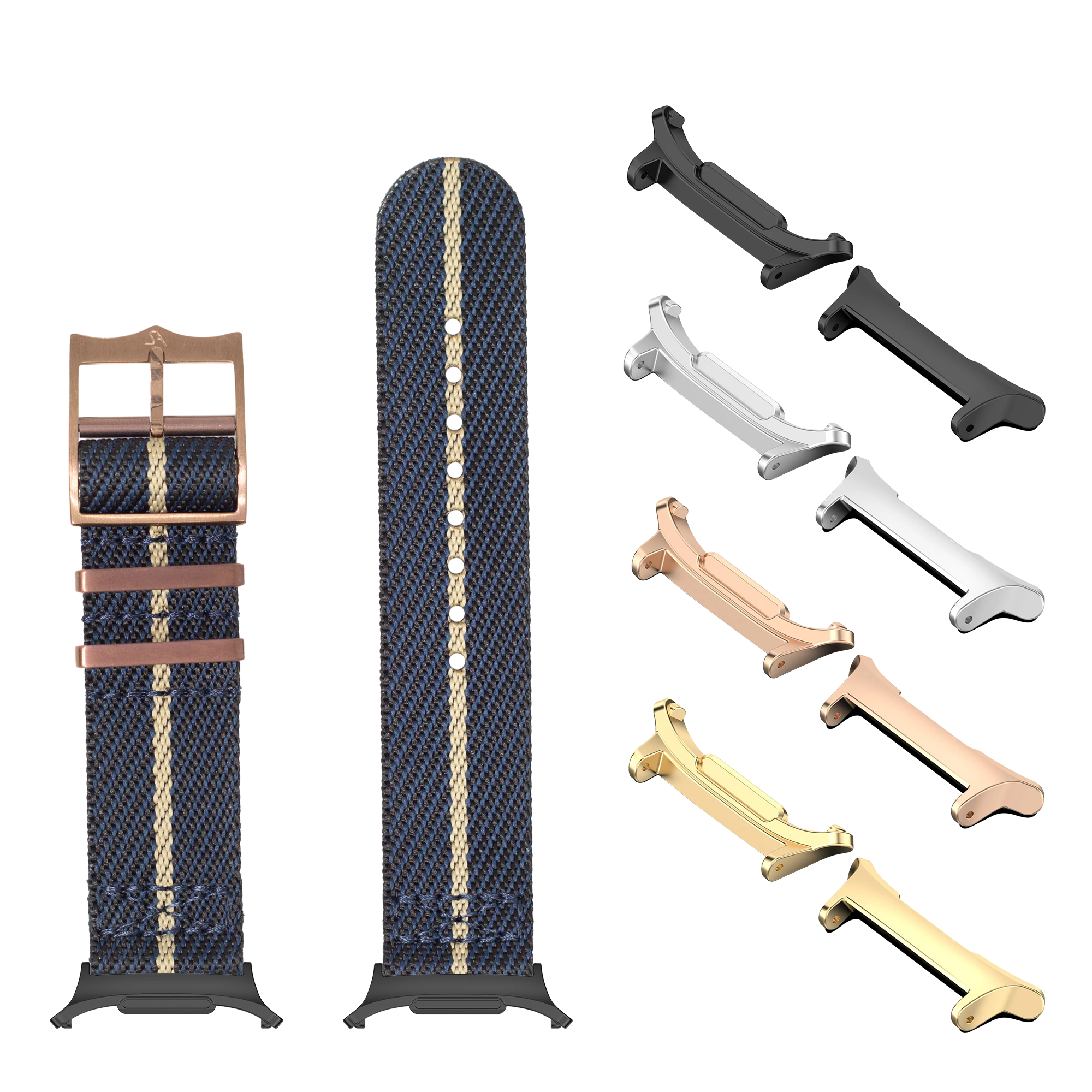 Blue and gold striped fabric watch band with interchangeable hardware buckles in bronze, black, silver, rose gold, and champagne finishes