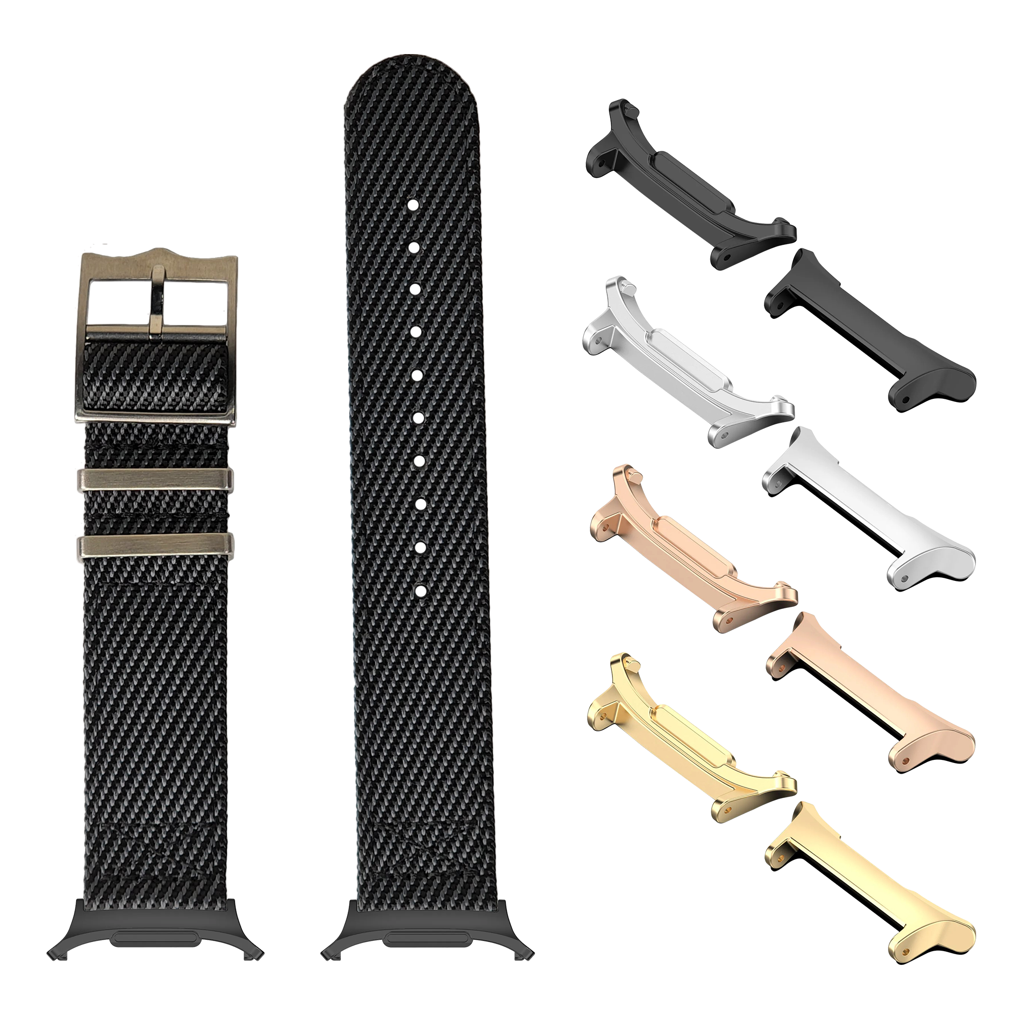 Carbon fiber watch band with interchangeable lugs in multiple metal finishes for Galaxy Watch 8 and Ultra