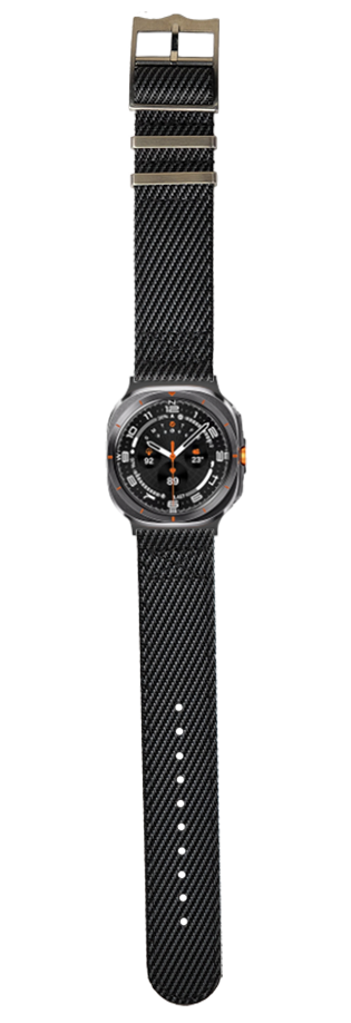 Black carbon fiber military watch with dark grey case, orange accents, and adjustable tactical band