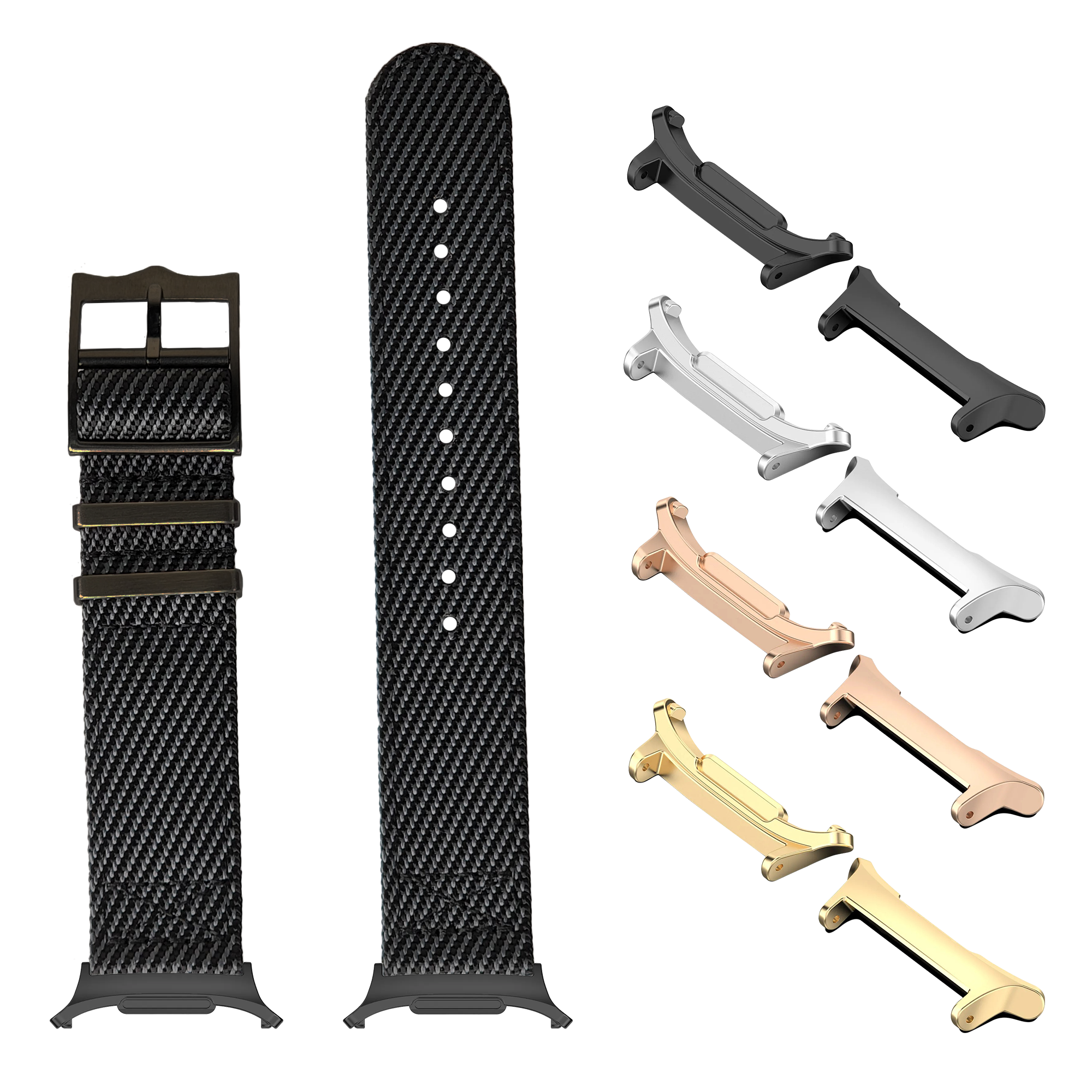Carbon fiber watch band with interchangeable hardware in black, silver, rose gold, and gold finishes for Galaxy Watch 8 and Ultra