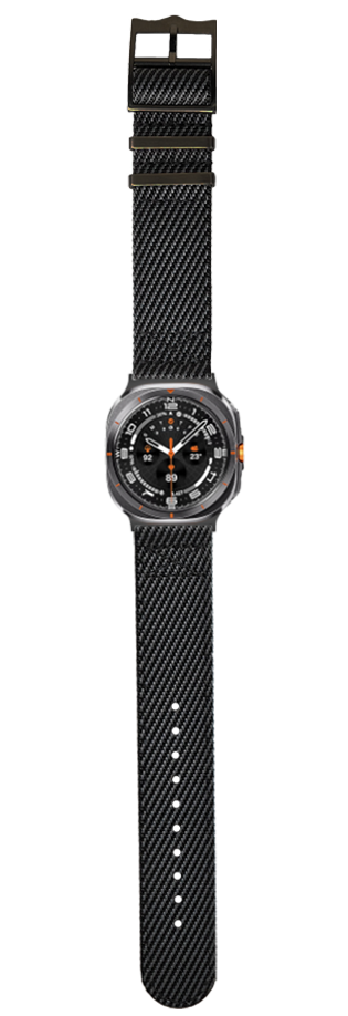 Men's military sports watch with dark grey case, black carbon fiber band, and orange accents on black dial