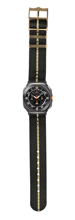 Sporty black fabric watch strap with wheat stripe and rose gold hardware buckle, military-style design for Galaxy Watch