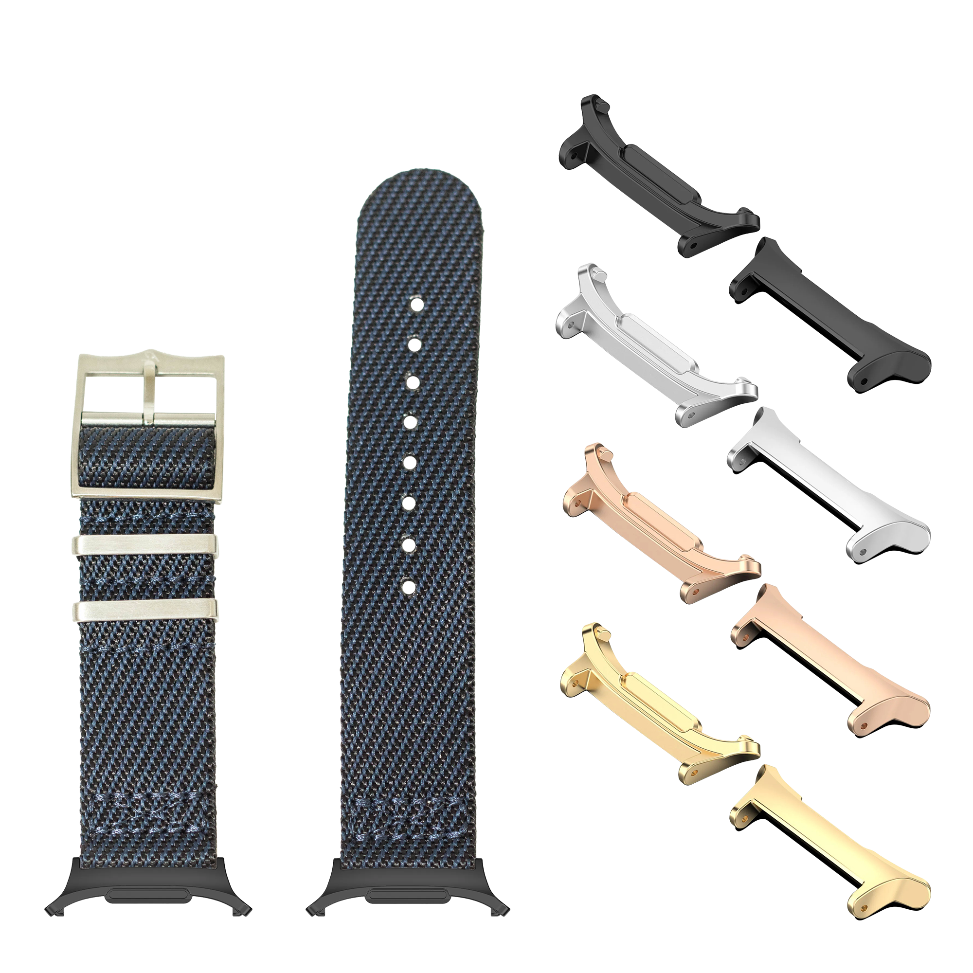 Galaxy Watch bands and interchangeable metal connectors in night blue textile, silver, black, rose gold, and gold finishes