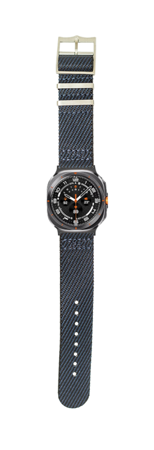 Rugged military smartwatch with black dial, orange accents, and navy blue textile strap with khaki buckle
