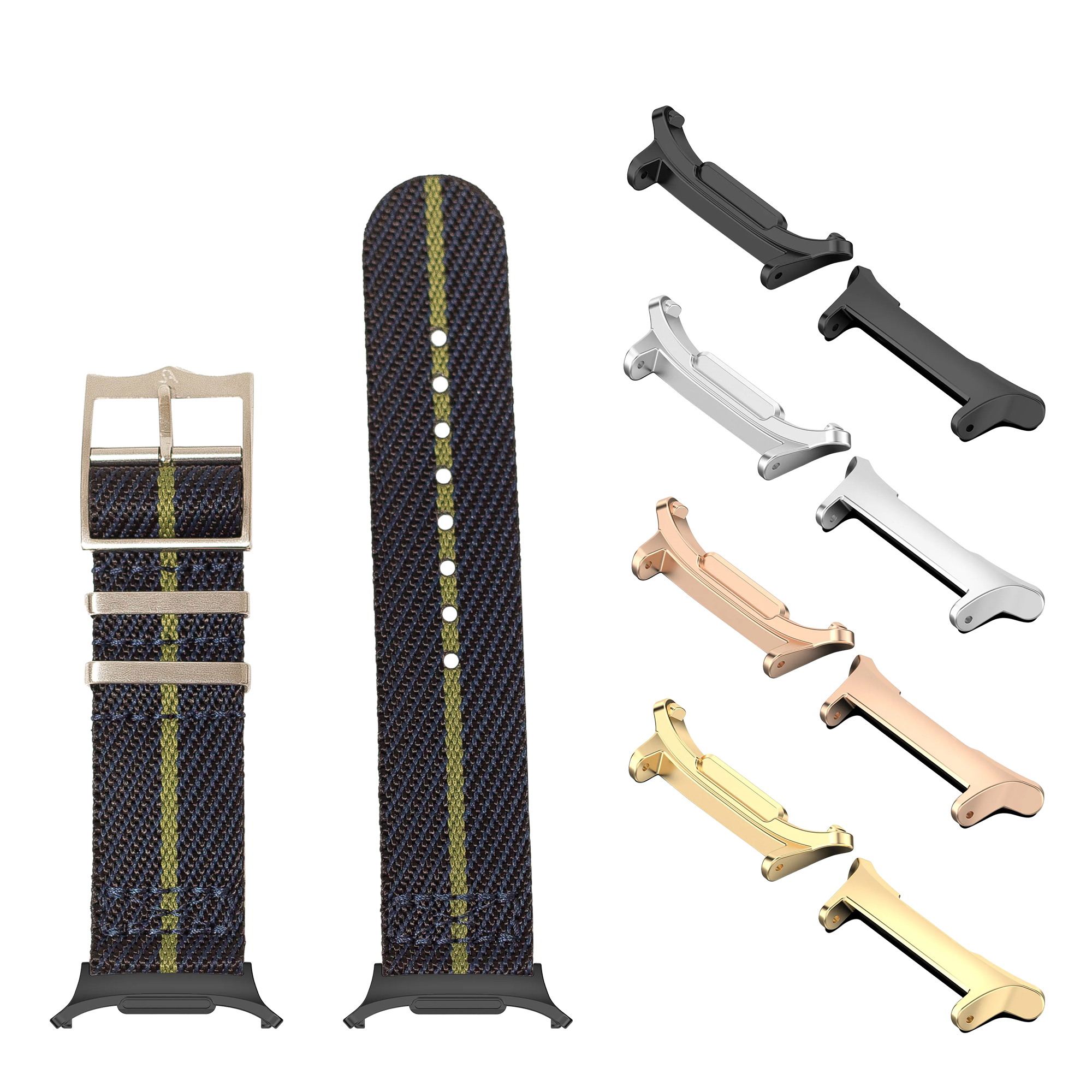 Watch band and interchangeable buckle system in night blue with green stripe and multiple metal finishes including black, silver, rose gold and gold