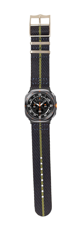 Black dial sports watch with yellow stripe fabric band and tan buckle on white background