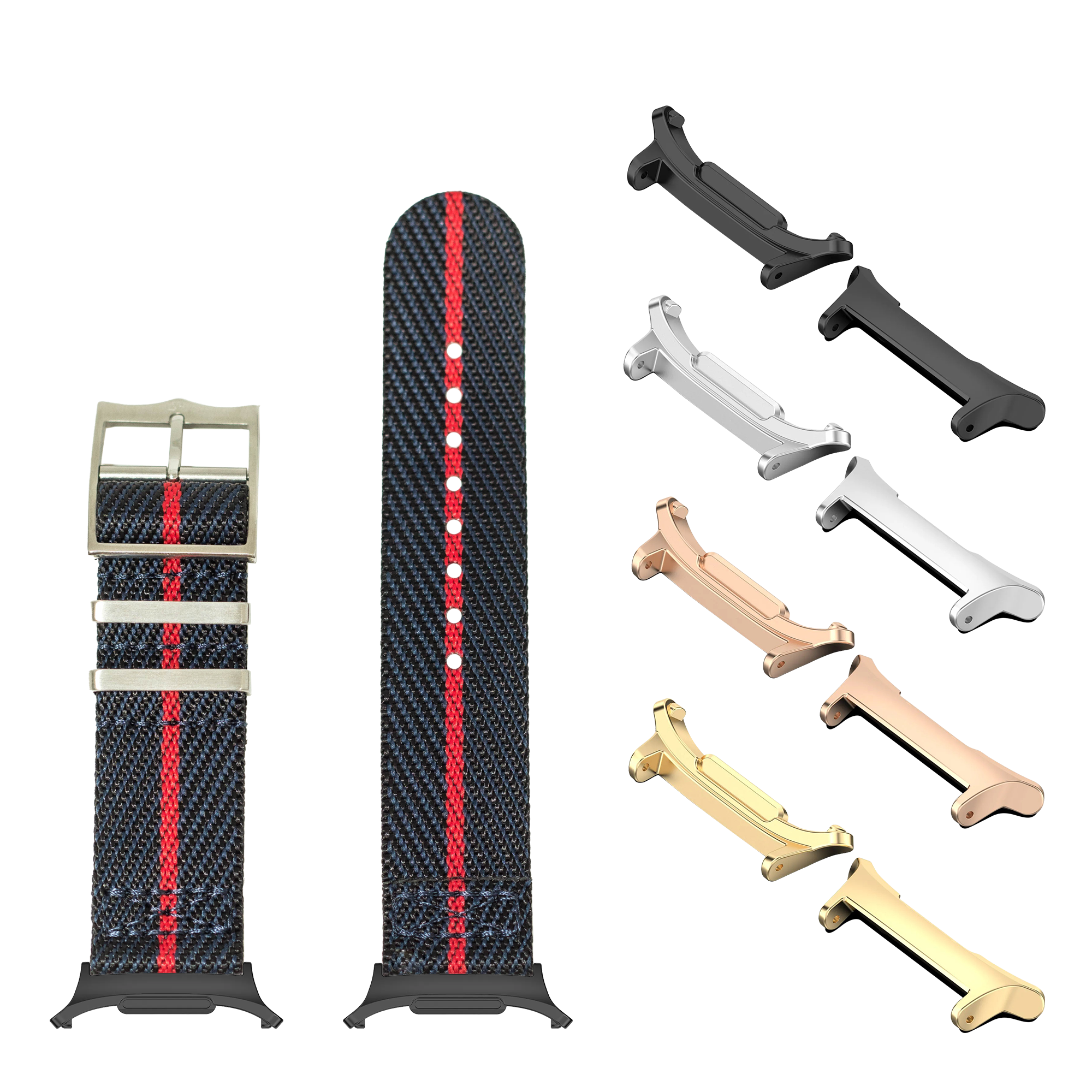 Blue and red textile watch band with multiple metal buckle options in black, silver, rose gold, and gold finishes