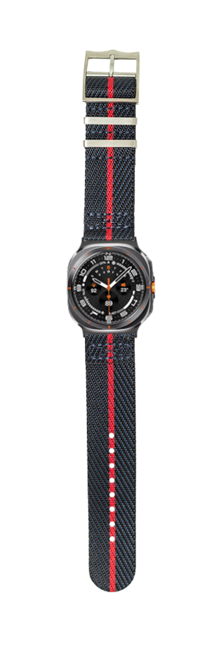 Black and red striped fabric watch strap with gunmetal case sport watch and stainless steel buckle