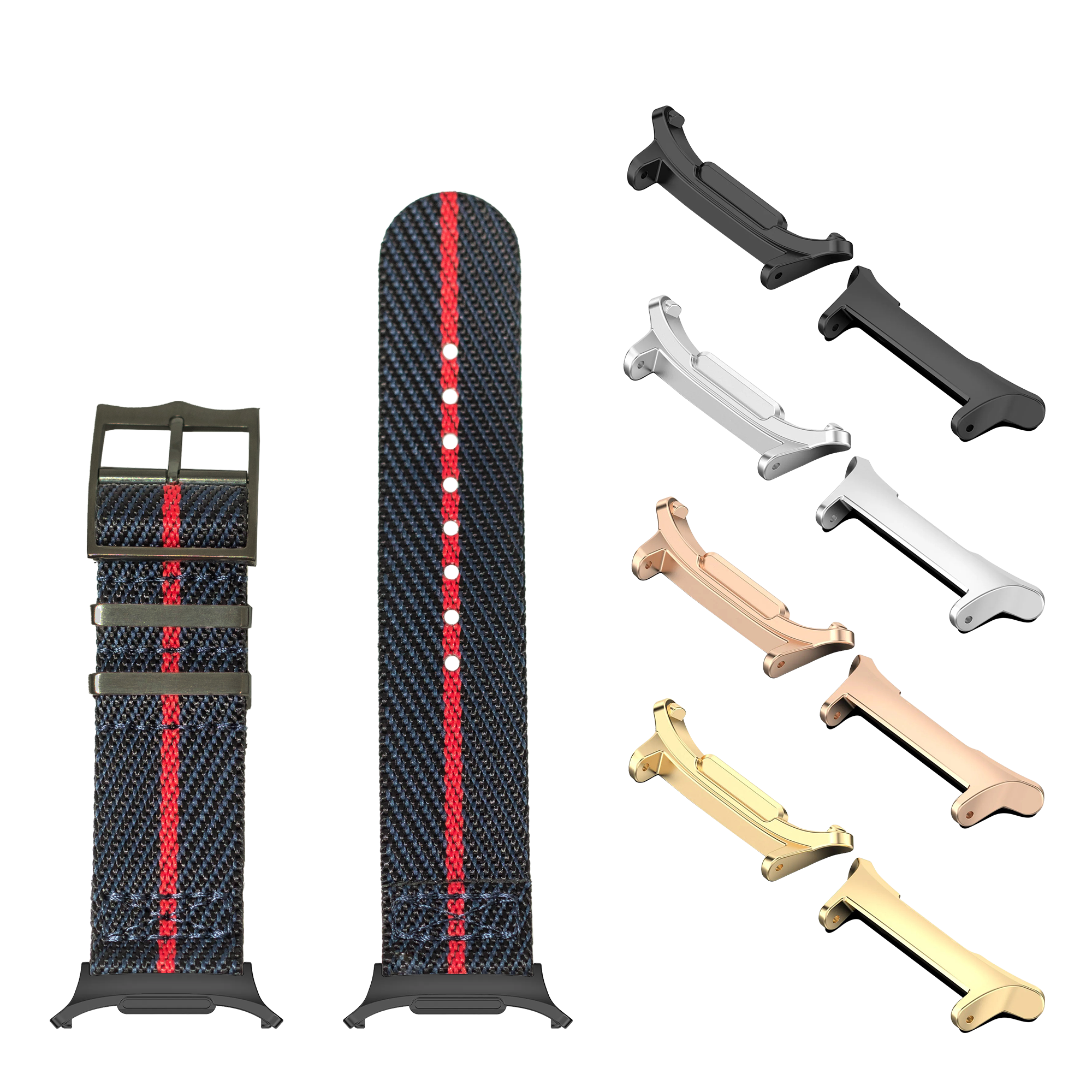 Galaxy Watch 8 Ultra Cross Militex strap night blue with red stripe, black hardware, shown with interchangeable hardware in gold, rose gold, silver and black finishes