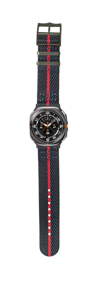 Black tactical watch with red stripe fabric band, digital display, and military-style buckle closure