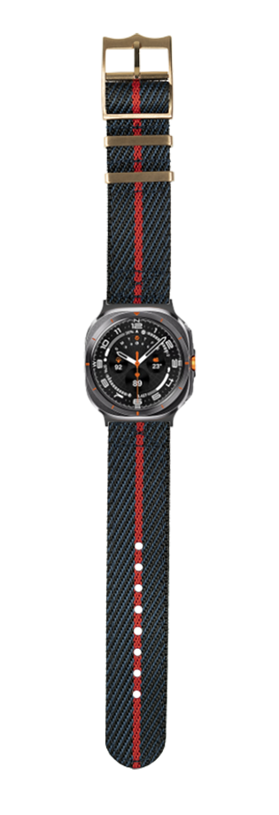 Galaxy Watch 8 Ultra sport watch with black and red fabric strap, dark dial face, and rose gold hardware
