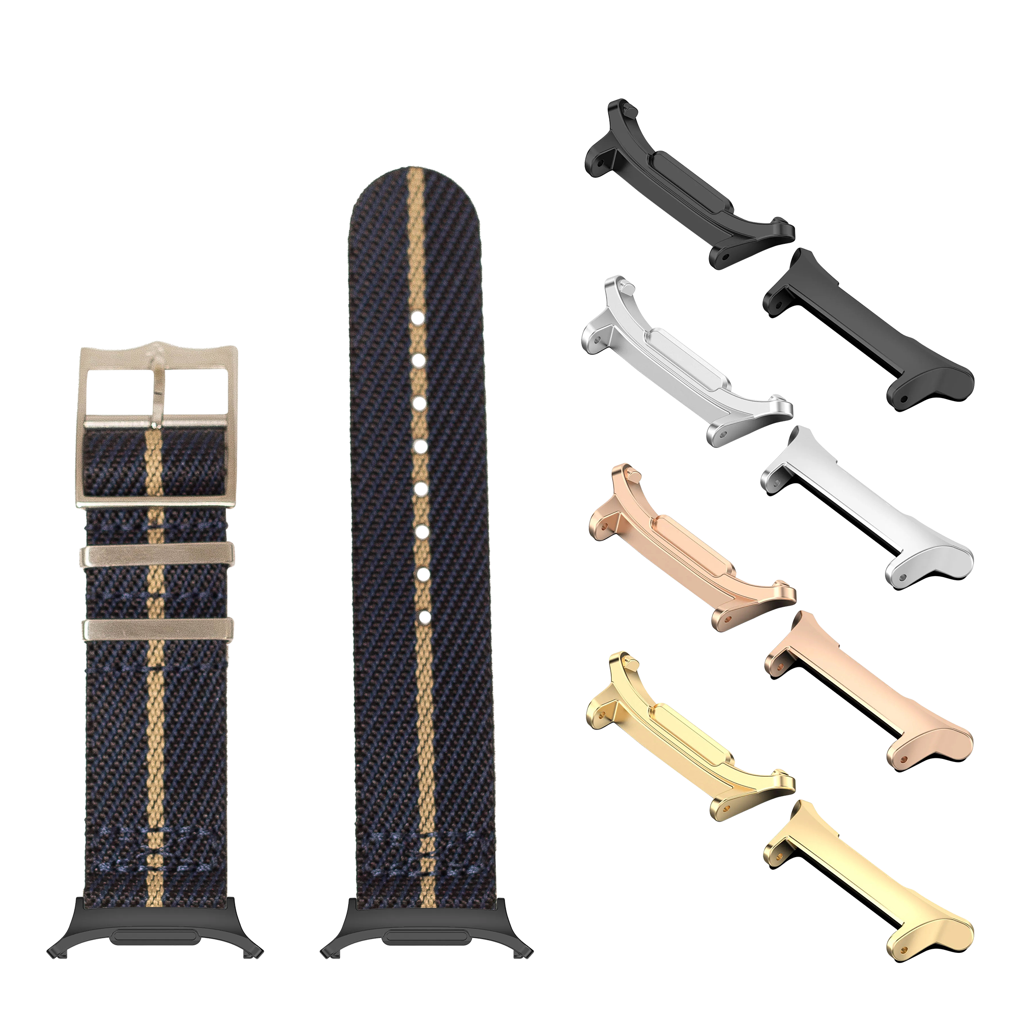 Galaxy Watch band set with navy blue fabric straps, gold stripe and interchangeable metal lugs in black, silver, rose gold and gold finishes