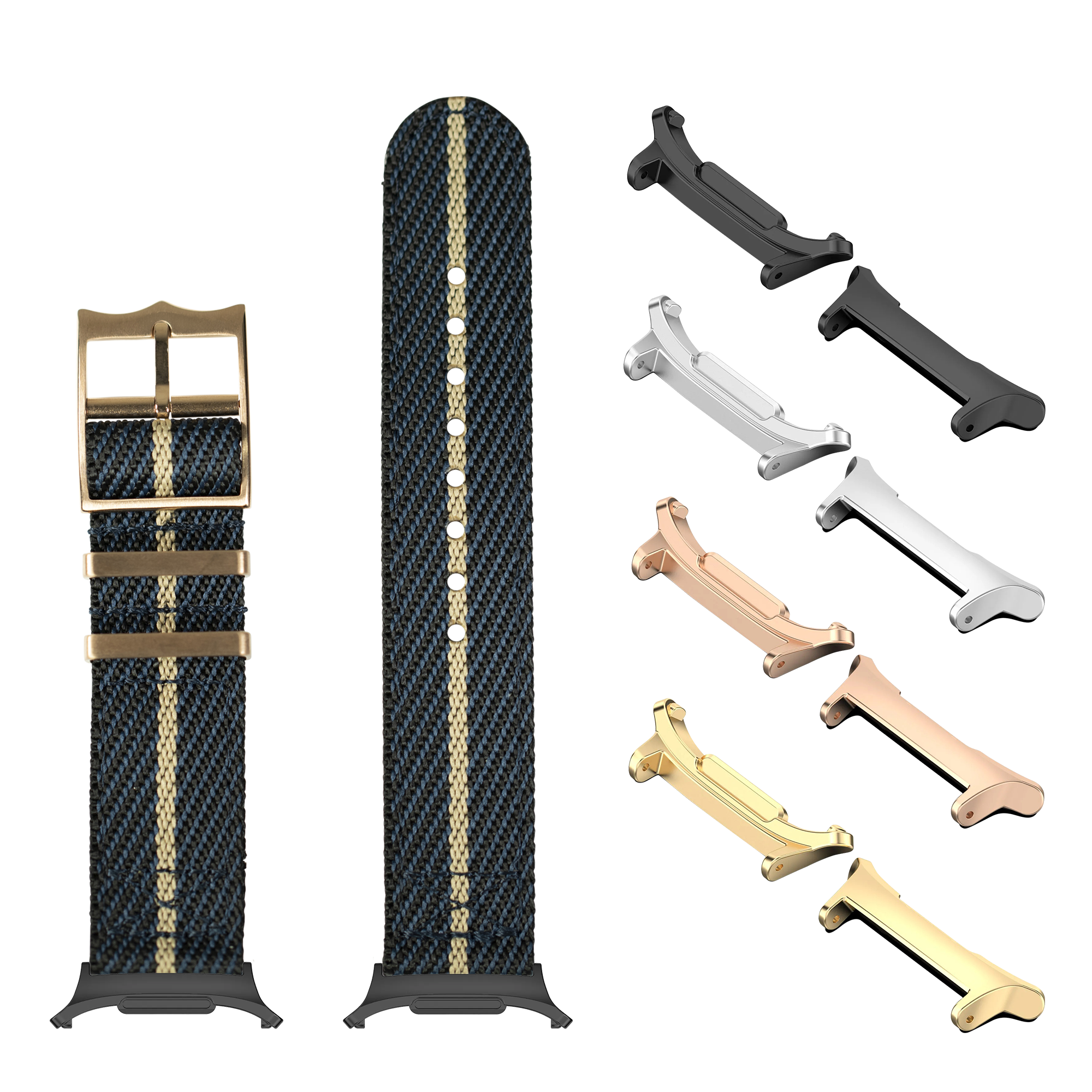 Blue and tan fabric watch band with gold stripe and rose gold hardware, shown with interchangeable lugs in multiple finishes