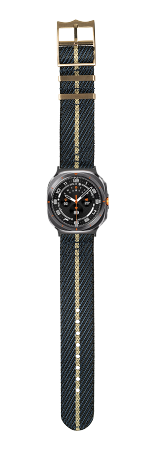 Military-style watch with dark blue fabric strap, gold stripe detail, and gunmetal case with orange accents