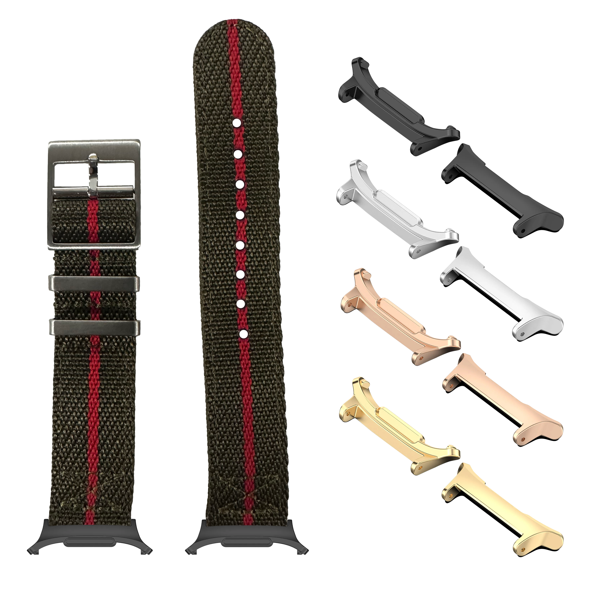 Military-style smartwatch band set with olive green nylon strap, red stripe, metal buckle, and interchangeable lugs in black, silver, rose gold and gold finishes