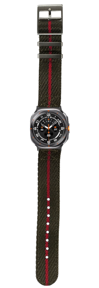 Military-style smartwatch with olive green and red striped fabric band, black dial with orange accents and date window