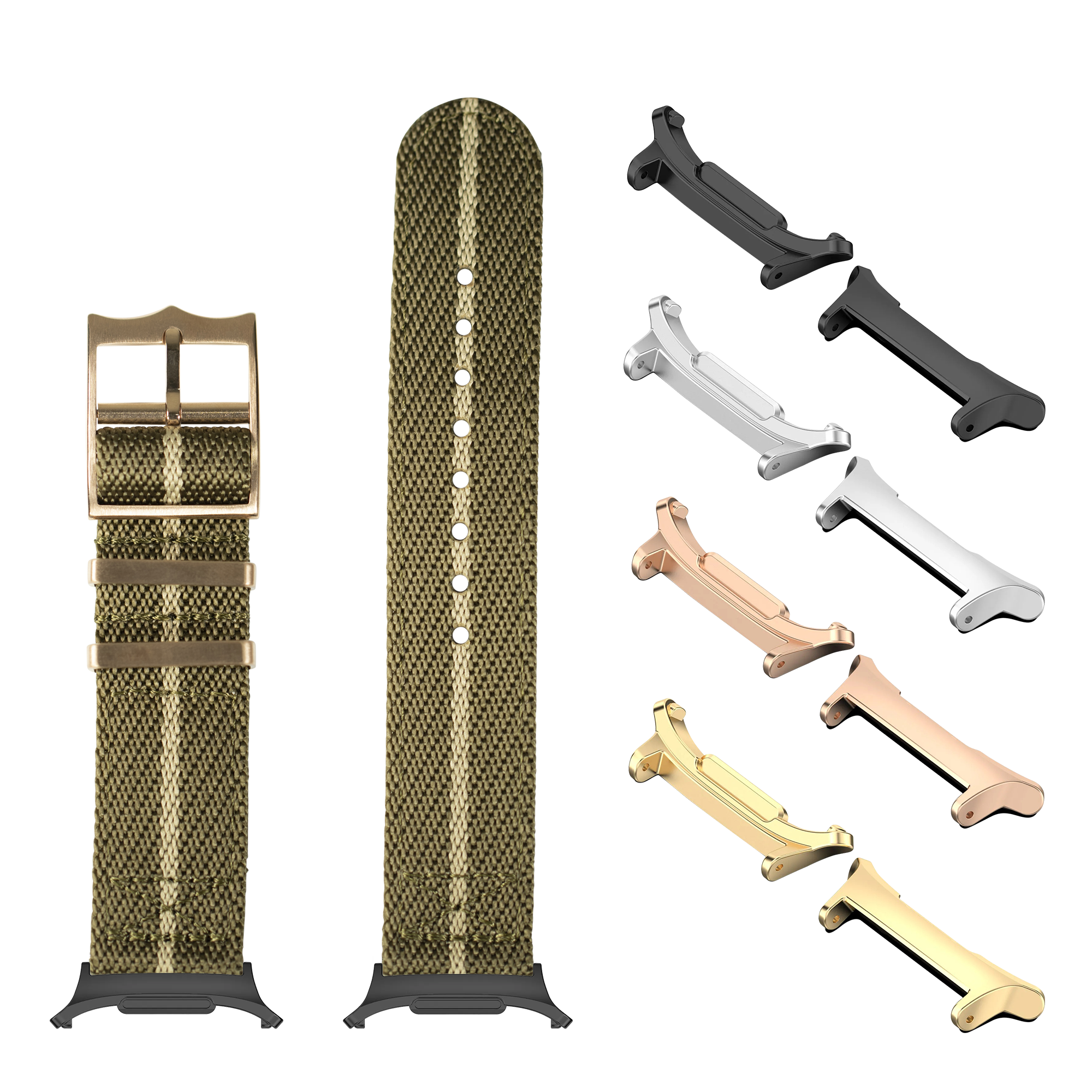 Olive green fabric watch band with wheat stripe, matching metal buckle, and interchangeable lugs in black, silver, rose gold, and gold finishes