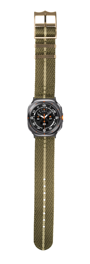 Military-style olive green canvas watch strap with black dial chronograph watch and orange accents