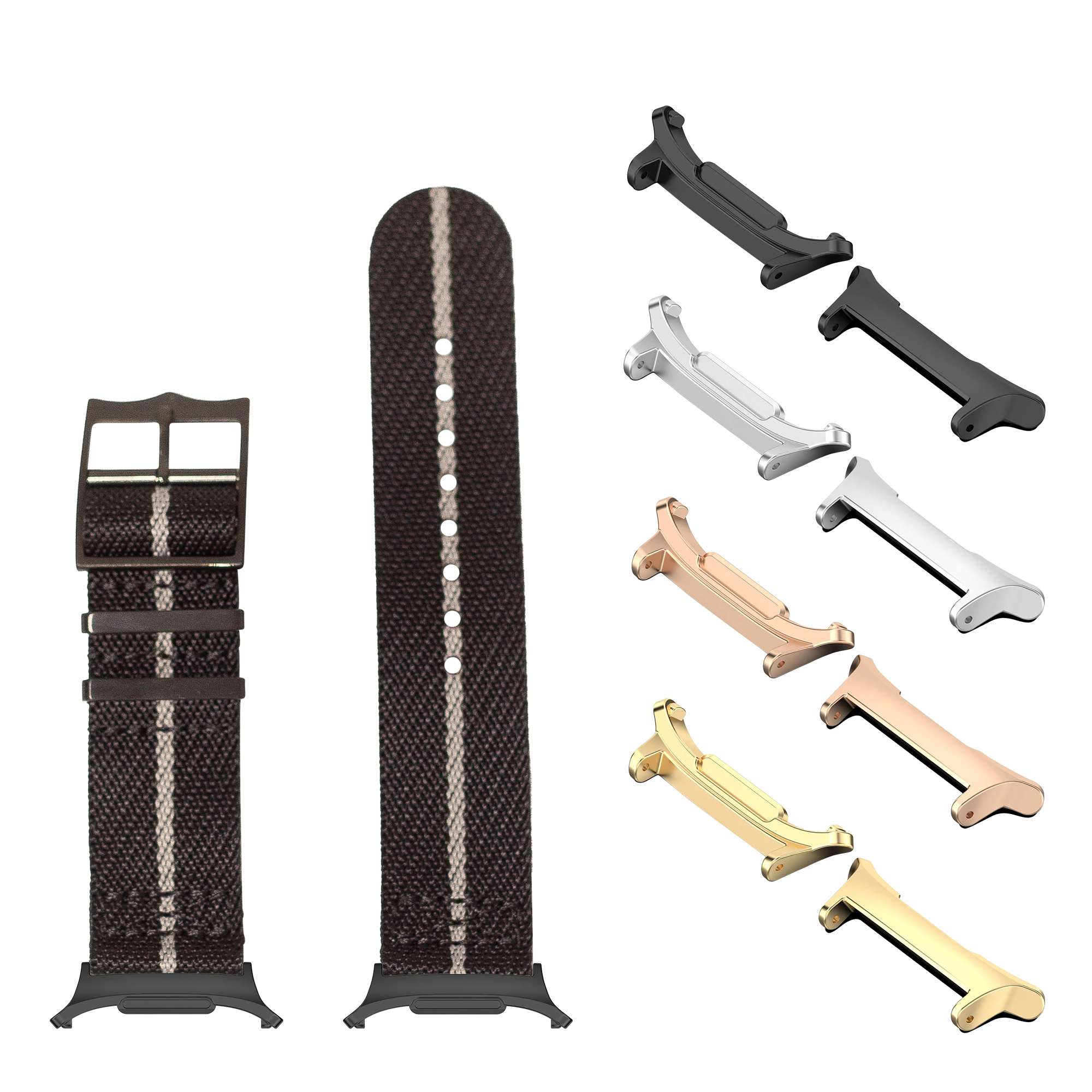 Carbon fiber watch strap with interchangeable hardware in black, rose gold, silver, and gold finishes for Galaxy Watch