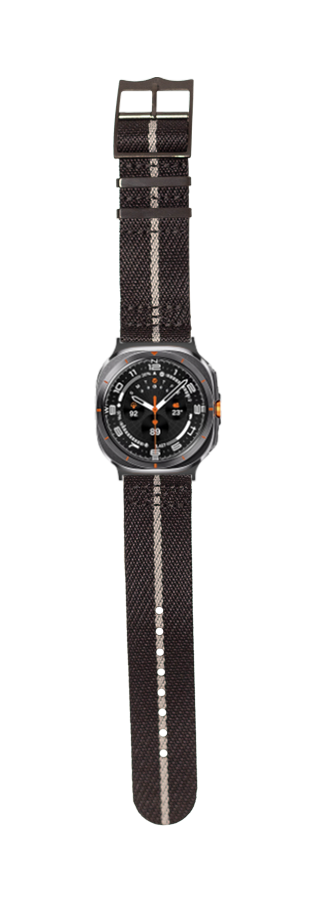 Black tactical smartwatch with grey accents and canvas strap, military-inspired design with digital display