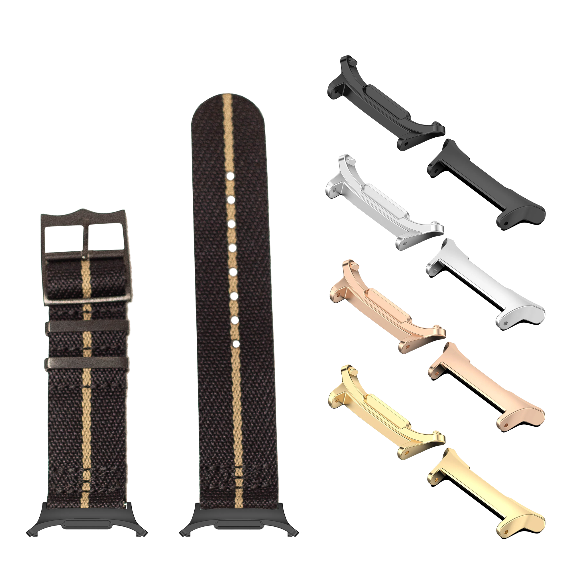 Black fabric watch strap with wheat stripe and interchangeable hardware in black, silver, rose gold, and gold finishes