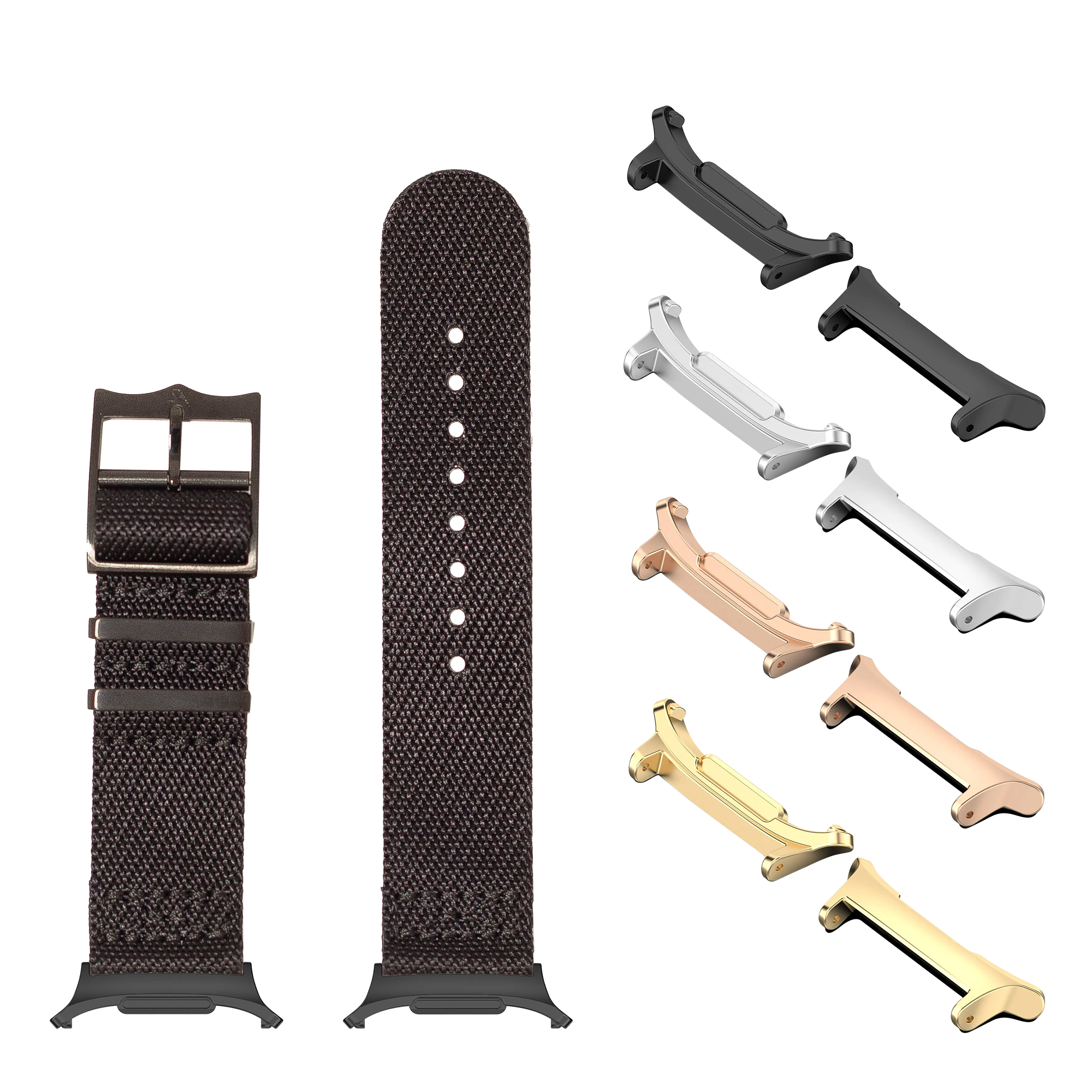 Galaxy Watch 8 Ultra Militex black fabric band with stainless steel hardware includes multiple metal lugs in black, rose gold, silver and gold finishes