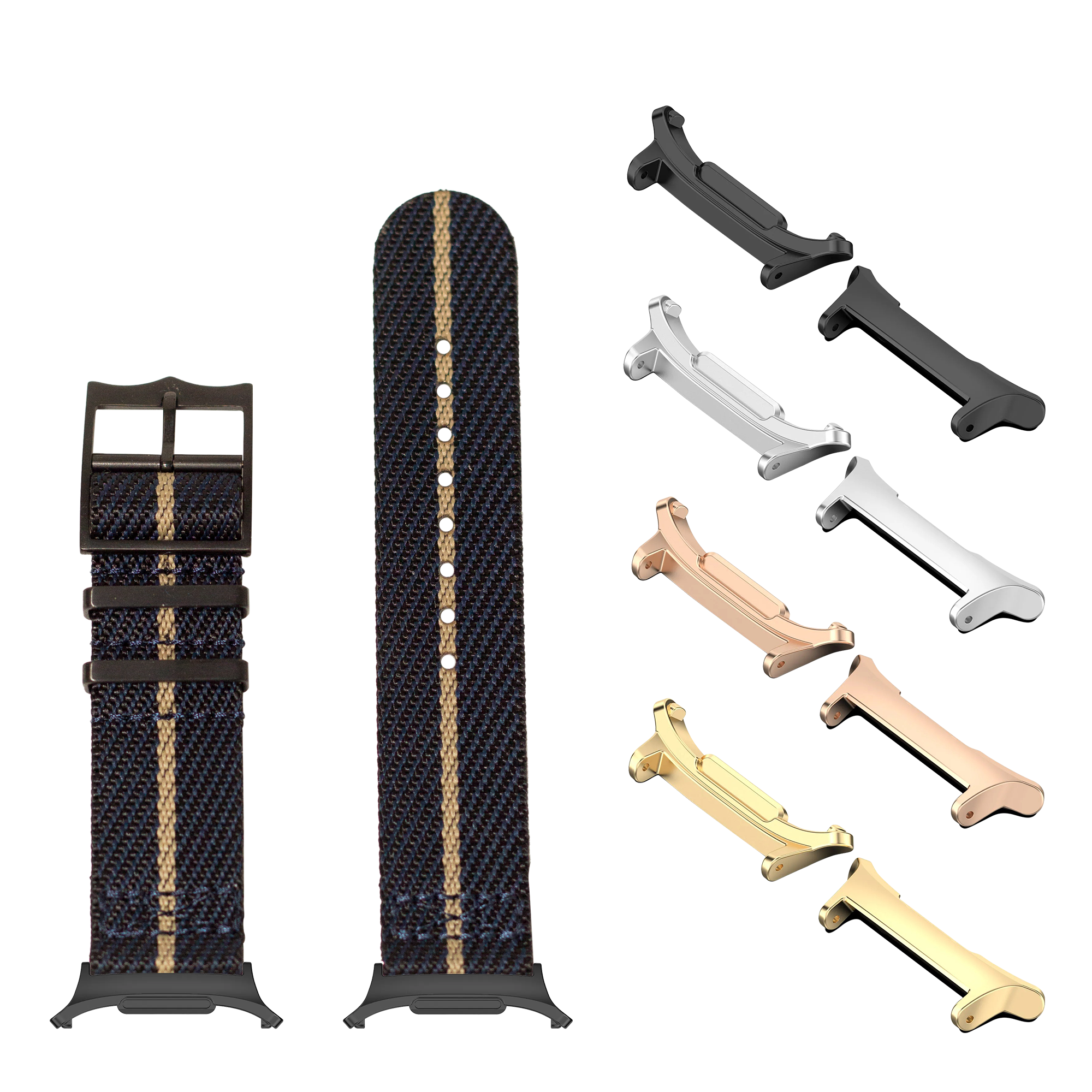 Galaxy Watch 8 Ultra Cross Militex fabric strap stealth night blue with wheat stripe, black hardware buckle, and interchangeable lugs in black, silver, rose gold, and gold finishes