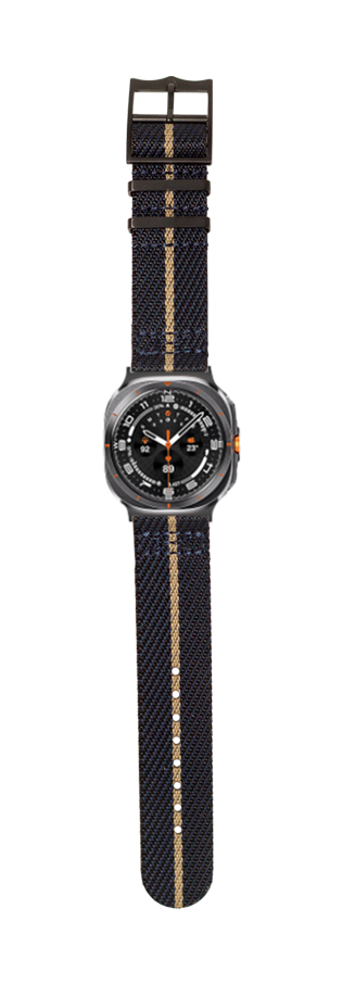Stealth Night Blue Galaxy Watch with black hardware and wheat stripe military canvas strap