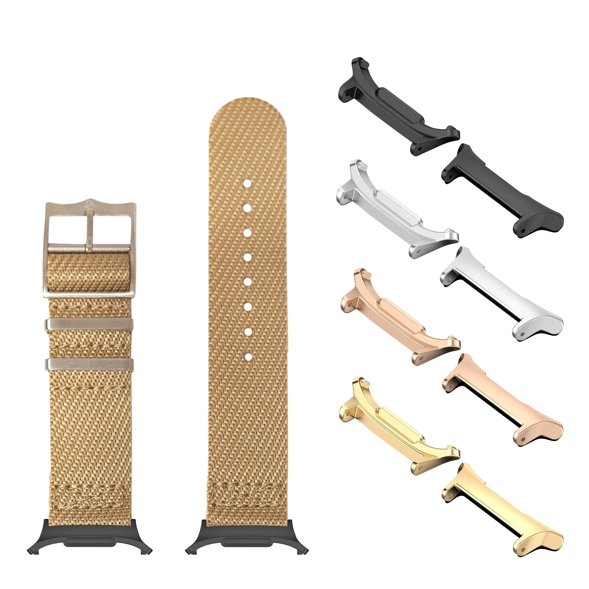 Gold mesh watch bands with stainless steel buckles and multiple metal connector lugs in black, rose gold, silver and gold finishes