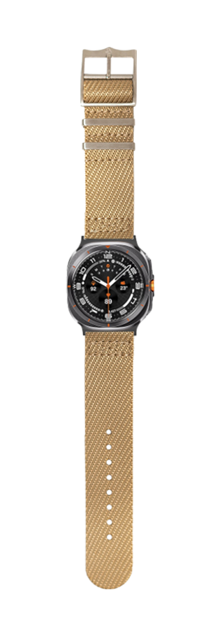 Military-style smartwatch with black case, orange accents, and wheat canvas fabric strap with adjustable buckle