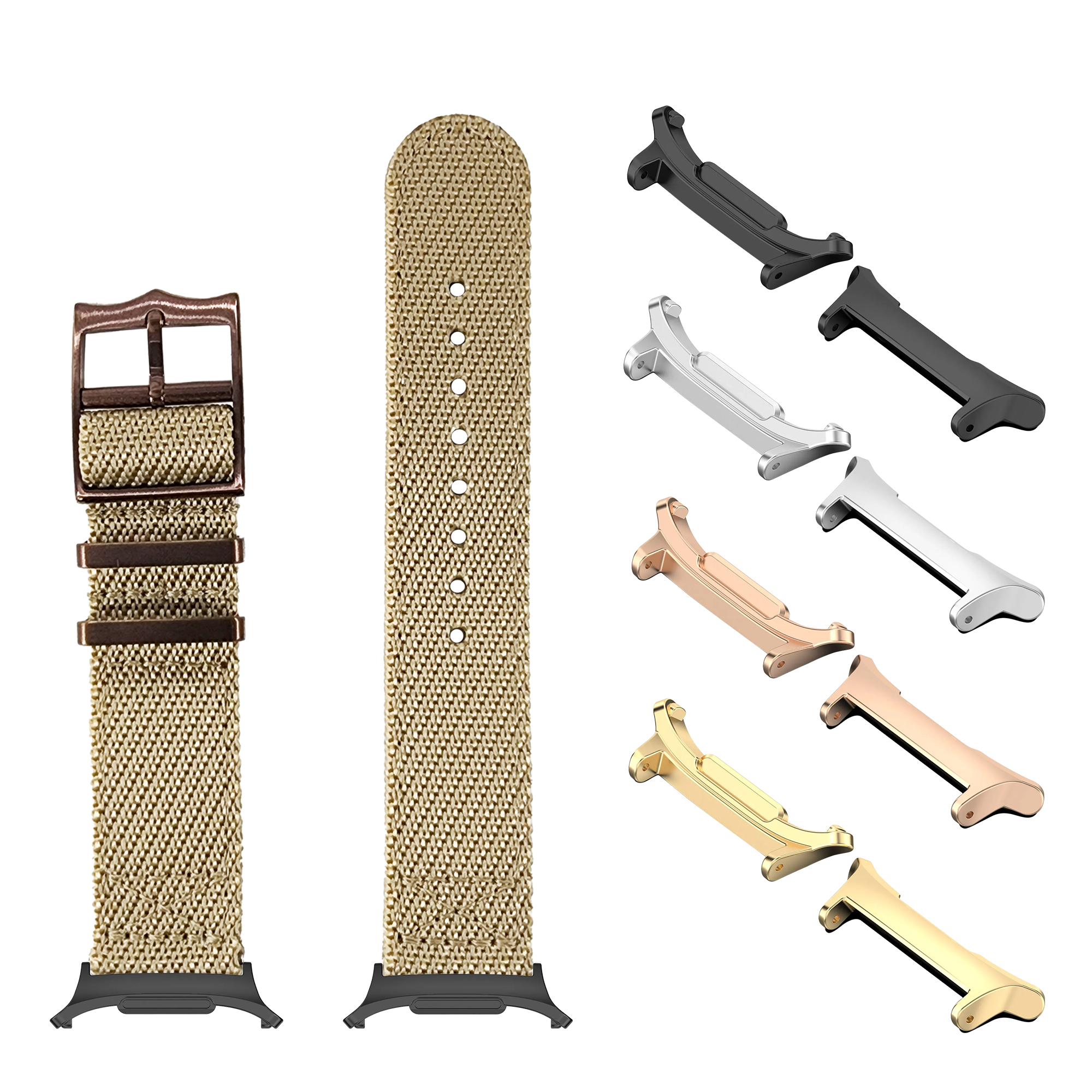 Tan canvas military-style watch band with bronze buckle and interchangeable metal lugs in black, silver, rose gold, and gold finishes