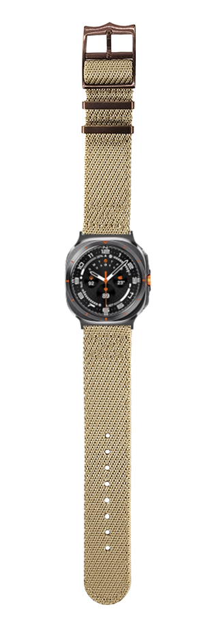 Black sports watch with wheat canvas strap and bronze hardware, square face with orange accents