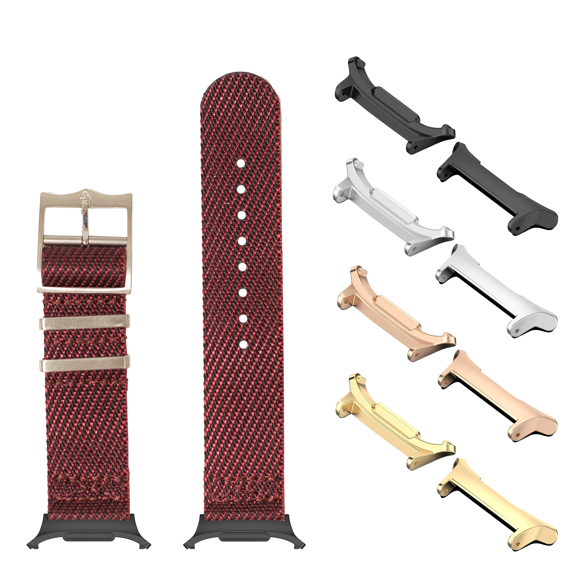 Red fabric watch band with metal buckle, interchangeable lugs in gold silver rose gold and black finishes for Galaxy Watch 8 Ultra