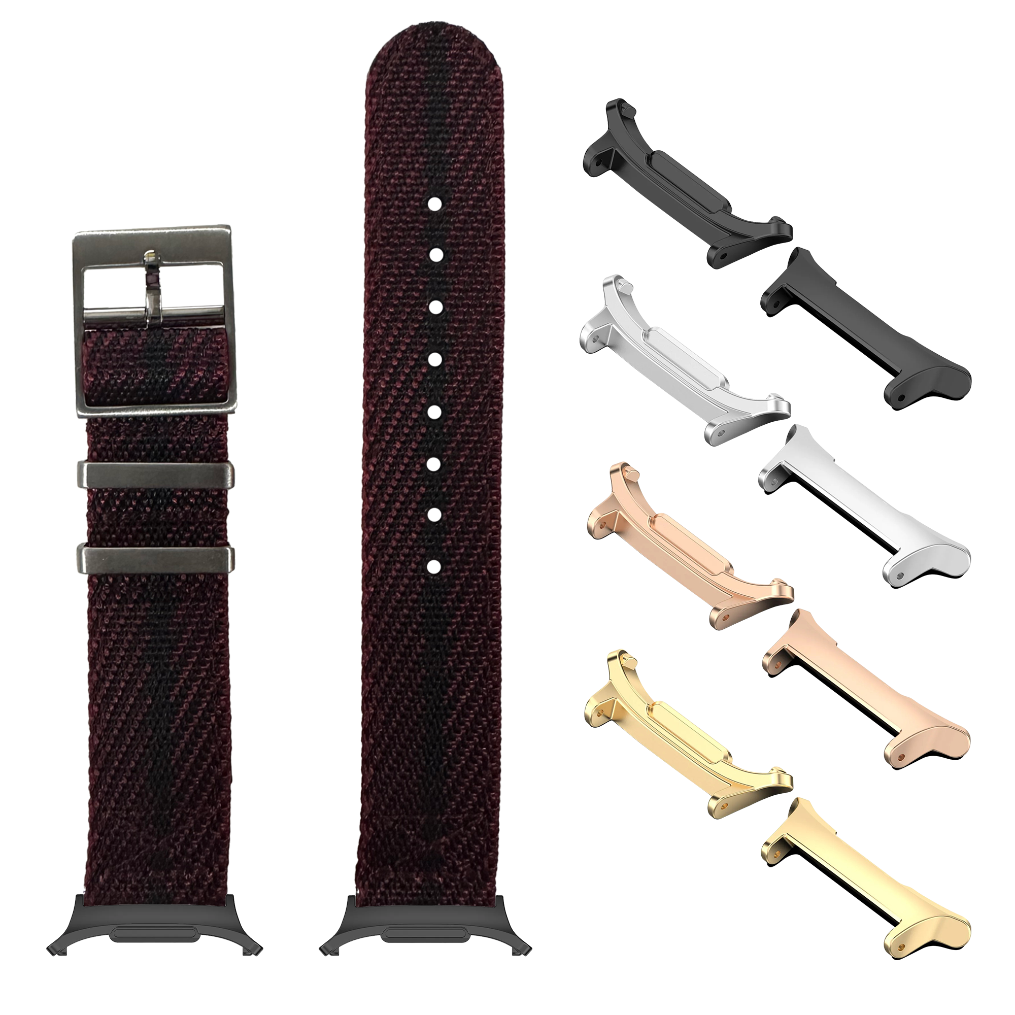 Galaxy Watch smartwatch bands in wine red cross weave with interchangeable metal and black hardware connectors