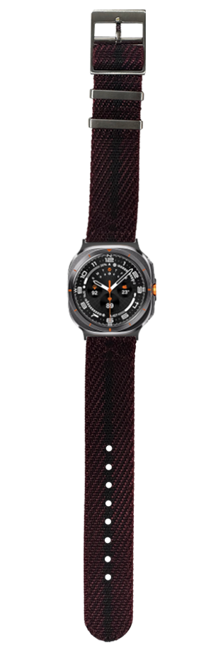 Military-style smartwatch with wine red and black fabric band, gunmetal case, and black dial with orange accents