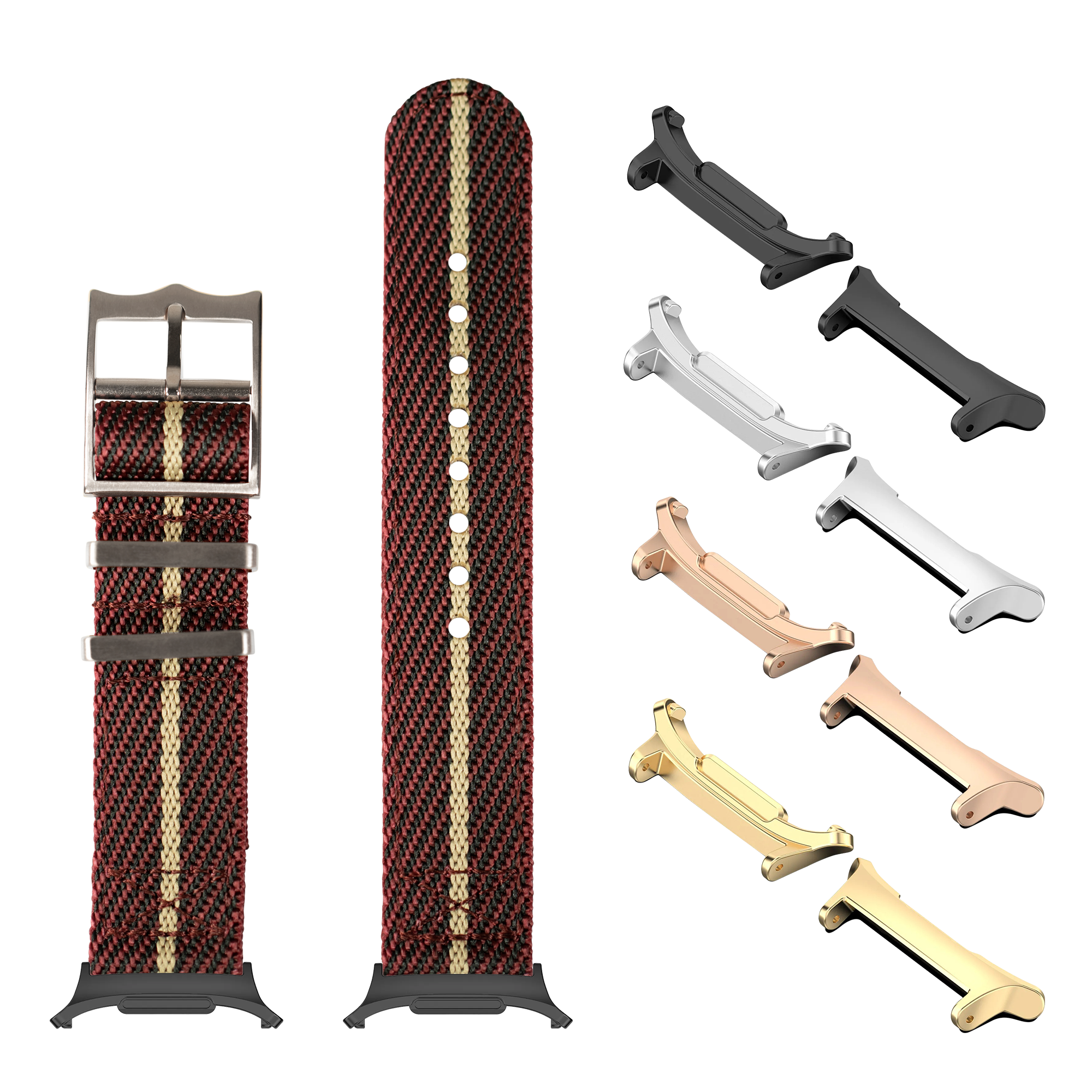 Red and wheat woven fabric watch band with stainless steel buckle and multiple interchangeable metal lugs in gold, silver, rose gold and black finishes