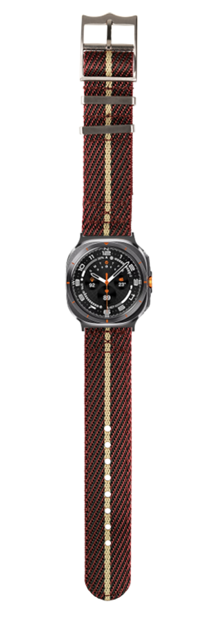 Black dial sports watch with wine red and wheat striped fabric strap and metal hardware