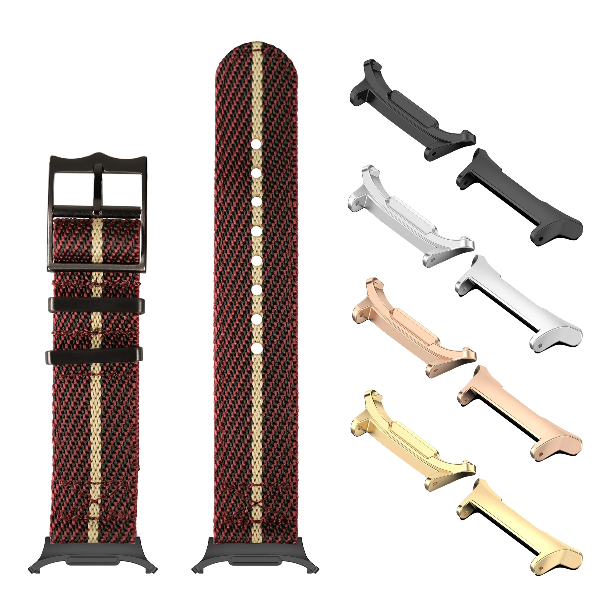 Red and wheat woven fabric watch band with black hardware, buckle, and multiple metal lugs in black, silver, rose gold, and gold finishes