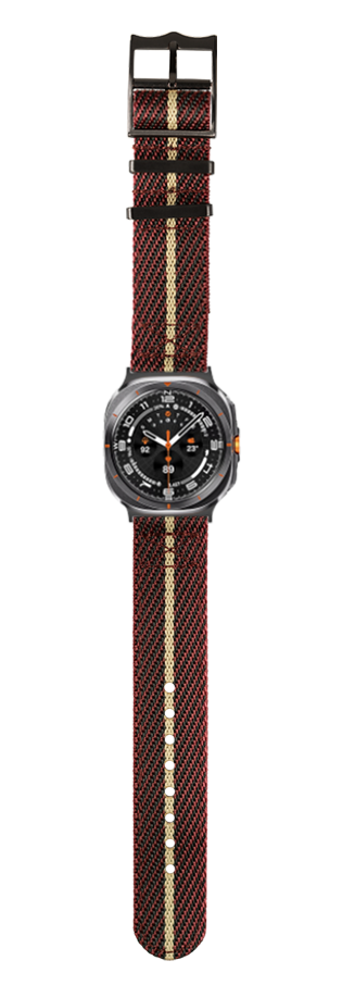 Black sport watch with wine red and wheat striped textile band, orange accents, military-style case design