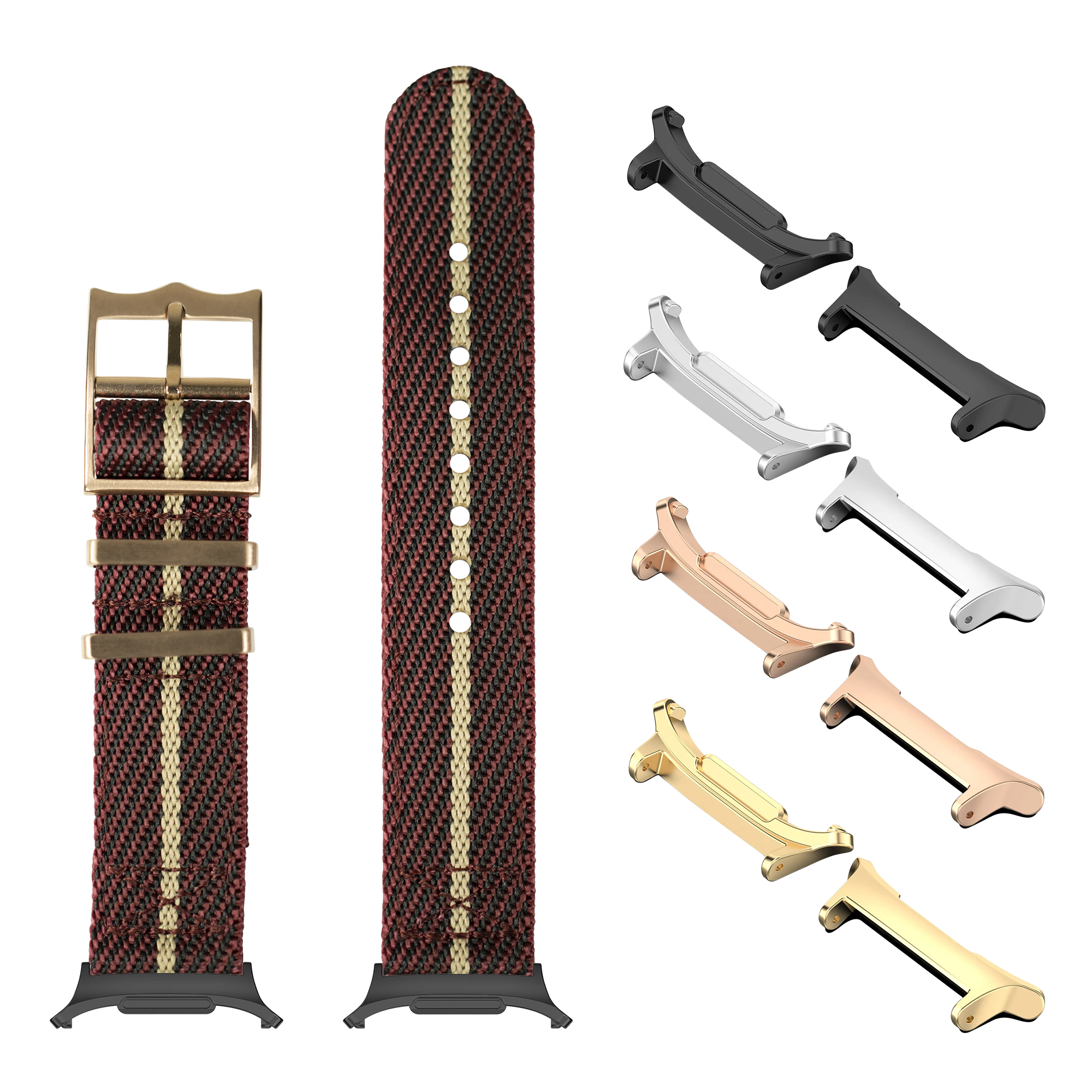 Red and wheat woven fabric watch band with rose gold, gold, silver, and black metal lugs and hardware options