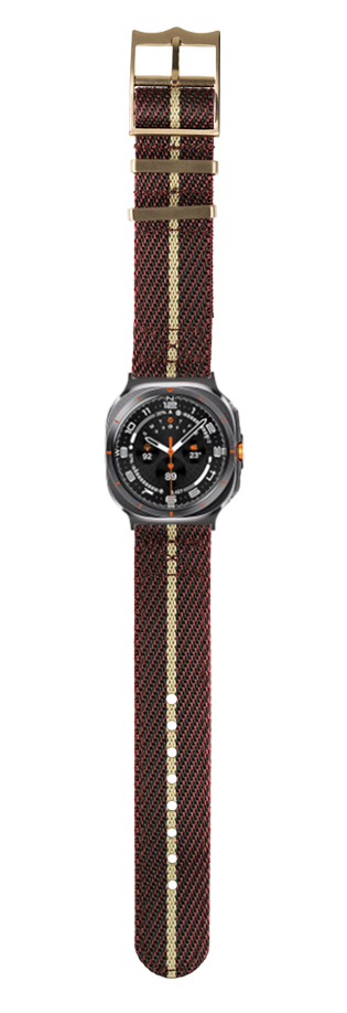 Tactical watch with black dial and orange accents featuring wine red and wheat woven military-style strap with rose gold hardware