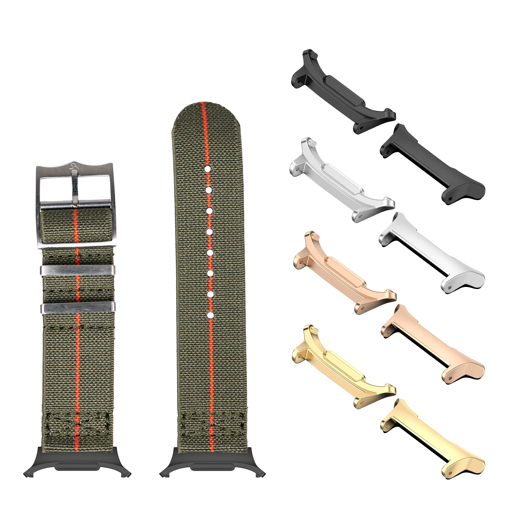 Army green elasticated watch band with red stitch detail, metal buckle, and interchangeable lugs in black, silver, rose gold and gold finishes