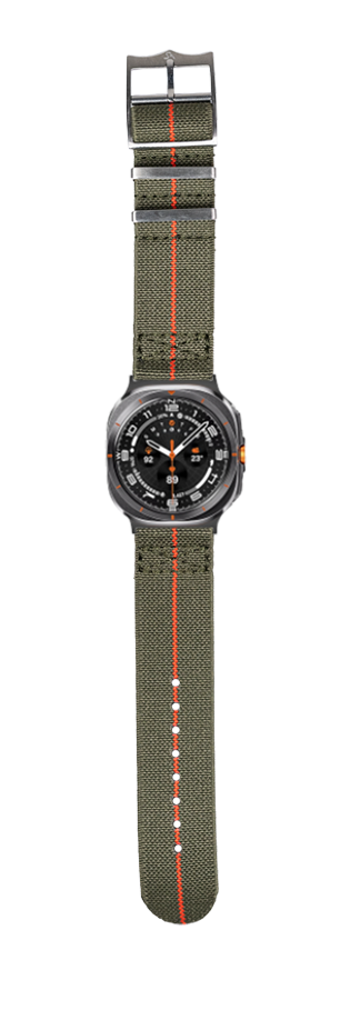 Military-style sports watch with black case and army green elastic fabric strap featuring red stripe detail
