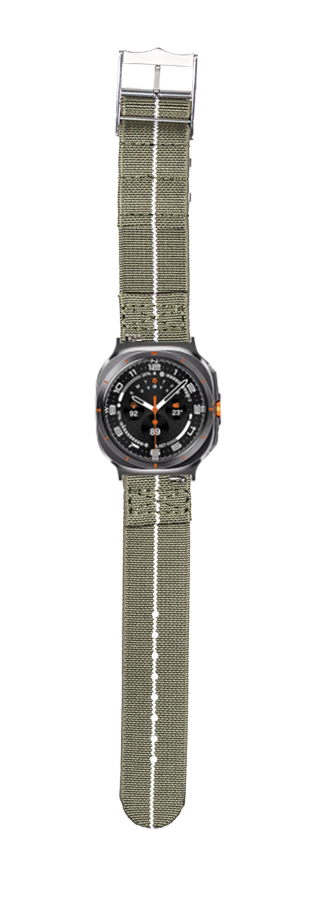 Black sport watch with orange accents and olive green fabric strap, featuring analog dial and tactical design
