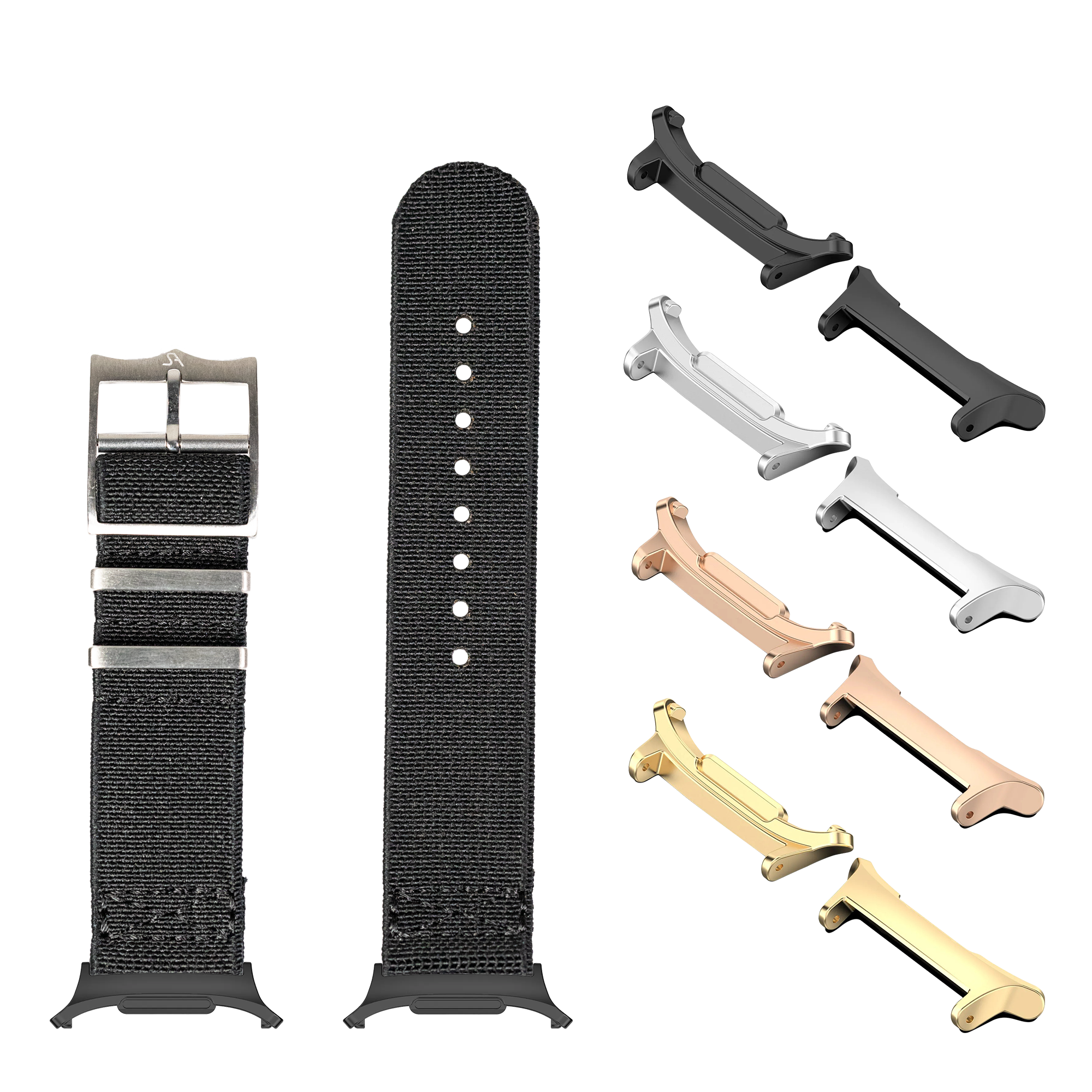 Black fabric watch strap with metal buckle, interchangeable lugs in multiple finishes including black, silver, rose gold and gold