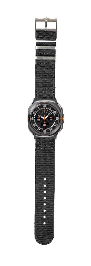 Black fabric sport watch with orange accents, square case design, and adjustable nylon band with metal buckle
