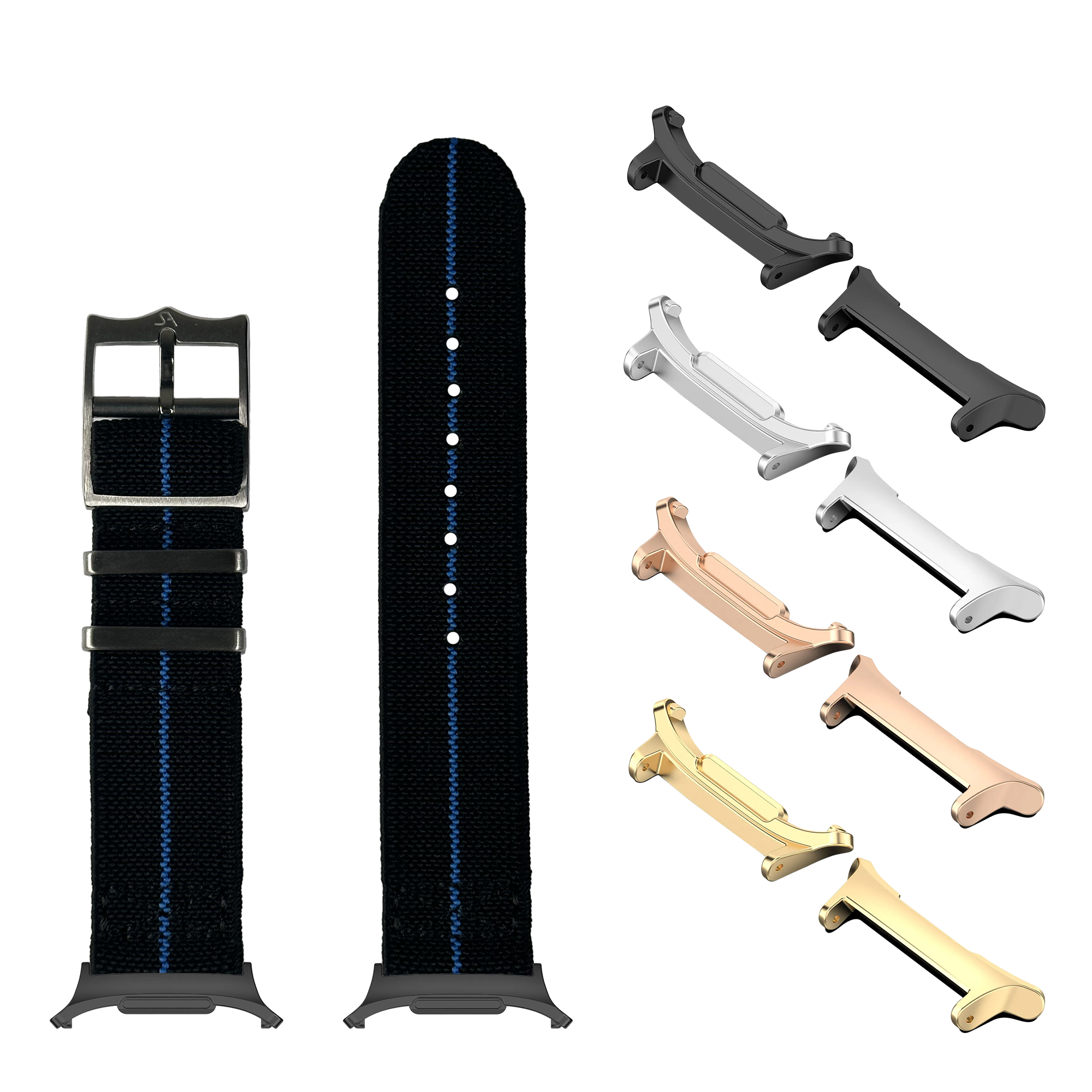 Watch band collection with black elasticated straps, blue accent stitching, and interchangeable metal lugs in black, silver, rose gold, and gold finishes