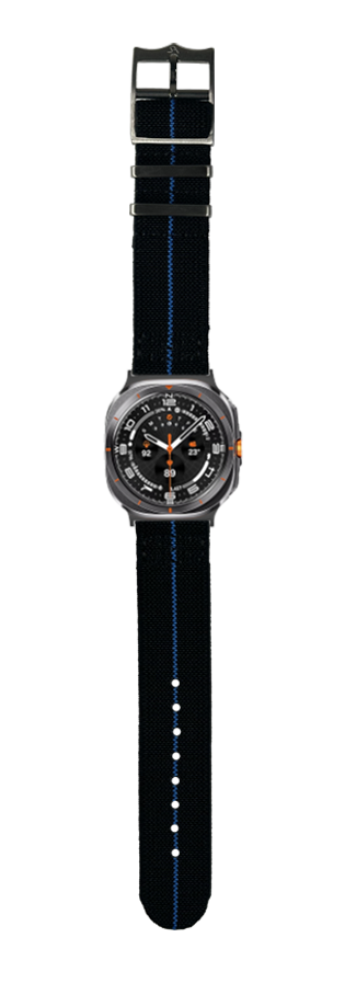 Galaxy Watch 8 Ultra smartwatch with black and blue elastic fabric band and dark dial face